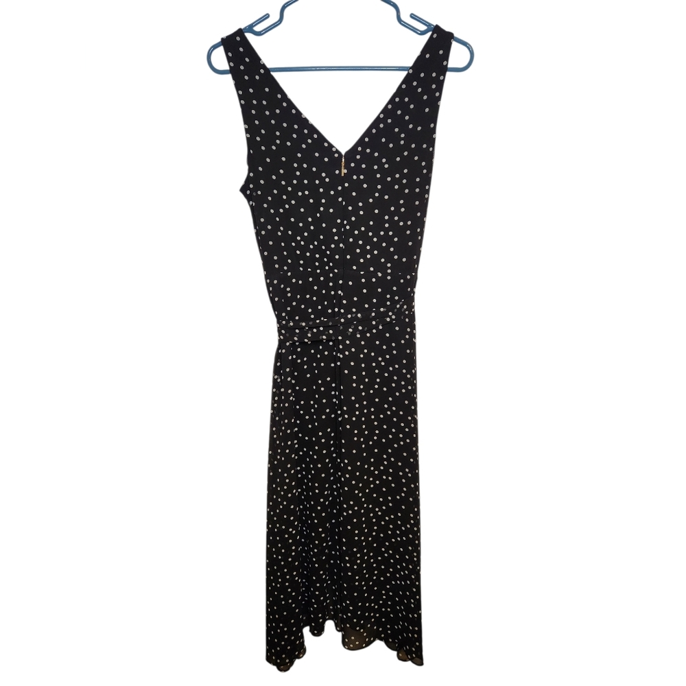 DKNY Black White Polka Dot Midi Dress Sleeveless Tie Waist Flowy Size 6